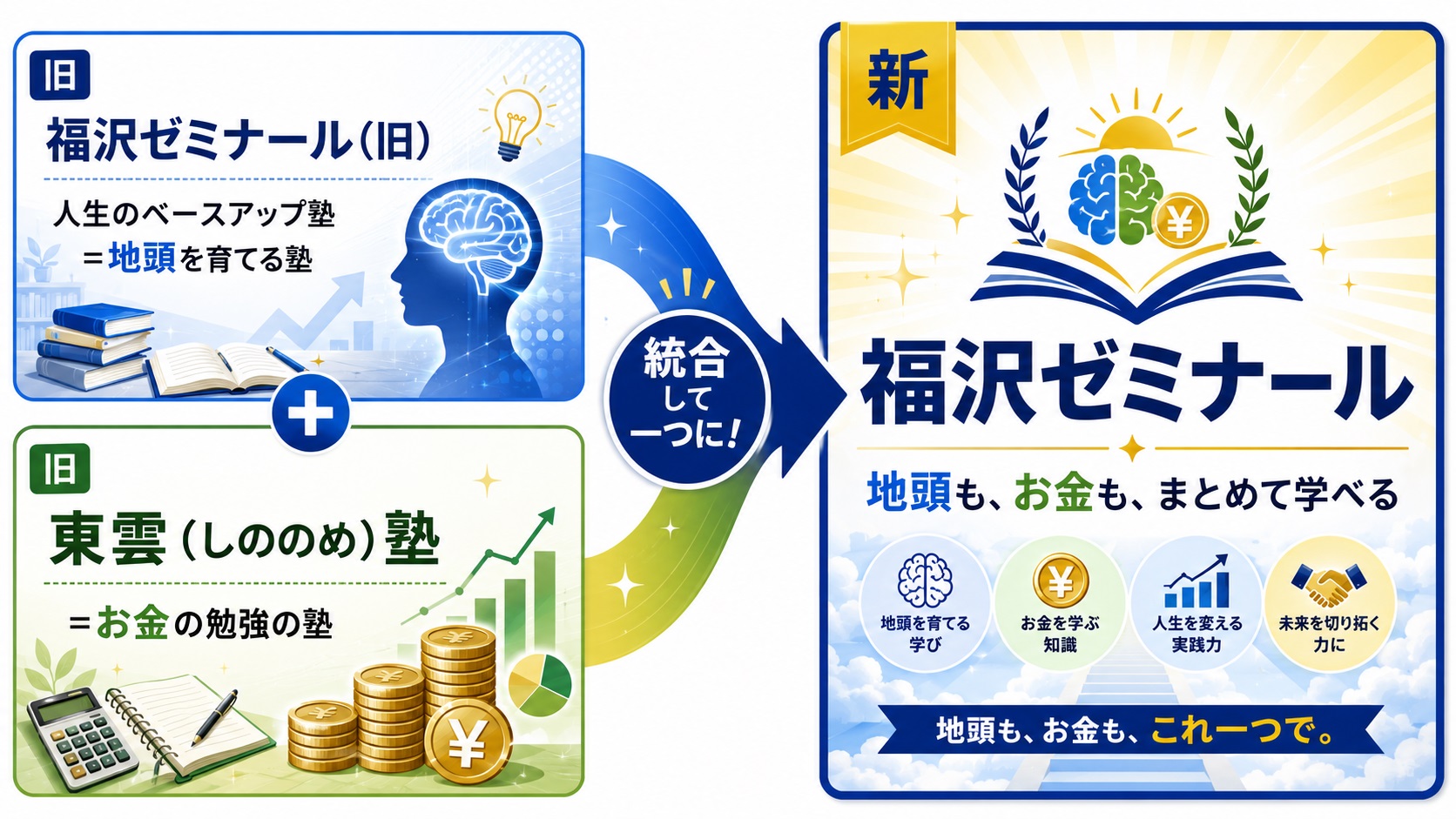 旧・福沢ゼミナールと旧・東雲塾が統合し、新しい福沢ゼミナールになったことを示す図